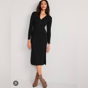 Fitted Long-Sleeve Rib-Knit Henley Midi Dress for Women